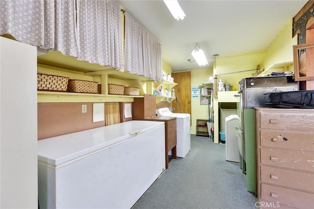 laundry area featuring light carpet and washer / dryer