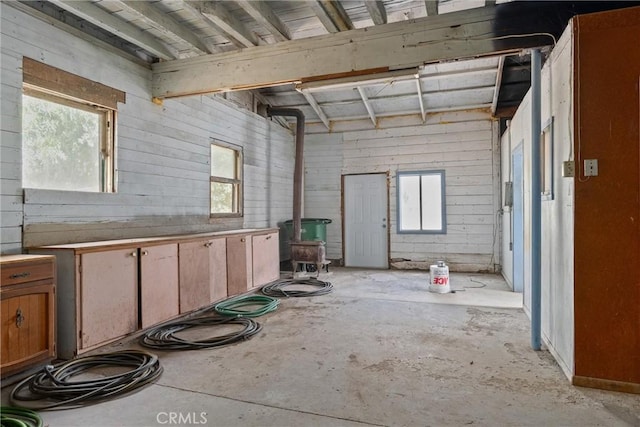 interior space featuring a wood stove