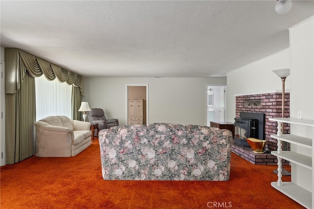 carpeted living room with a textured ceiling and a wood stove