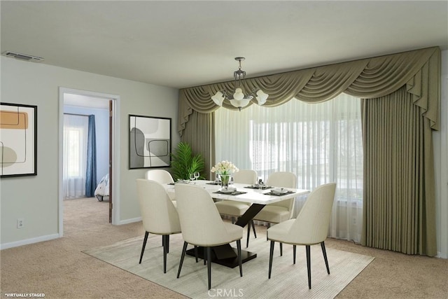 dining area with light carpet, baseboards, visible vents, and a notable chandelier