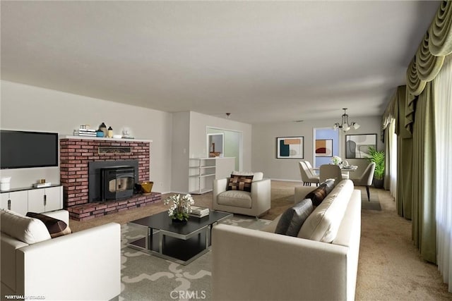 living room featuring carpet flooring, a chandelier, and a wood stove
