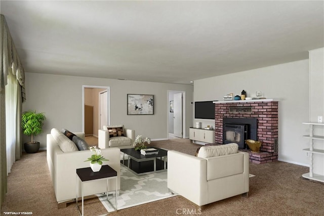 living room with a fireplace, baseboards, and carpet floors