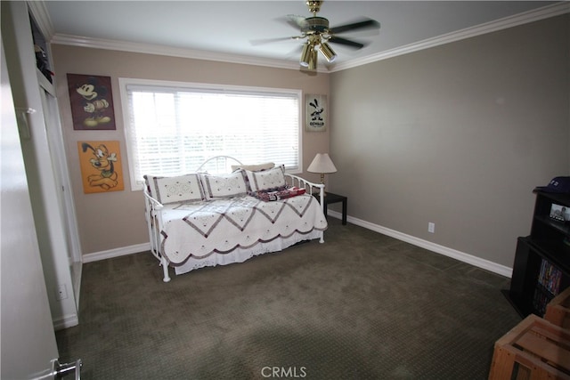 bedroom featuring ornamental molding, dark colored carpet, and ceiling fan