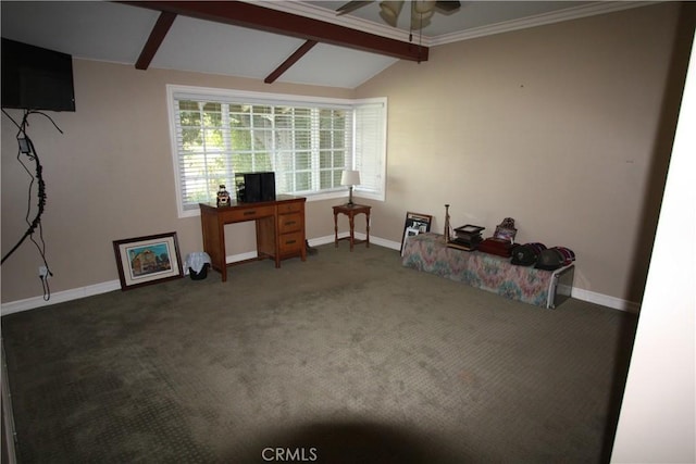 misc room featuring vaulted ceiling with beams, carpet, a ceiling fan, and baseboards