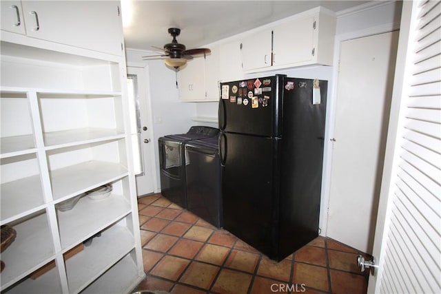 kitchen with washer and clothes dryer, white cabinets, ceiling fan, freestanding refrigerator, and open shelves