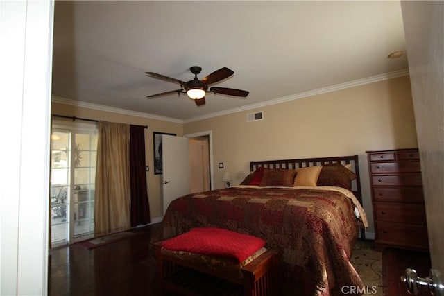 bedroom with access to exterior, visible vents, crown molding, and wood finished floors