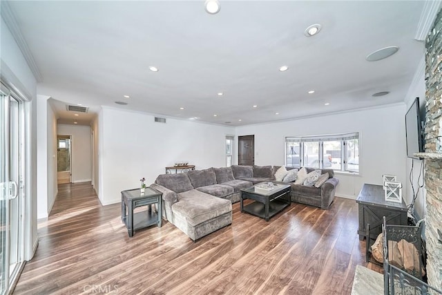 living room with a stone fireplace, crown molding, and hardwood / wood-style flooring