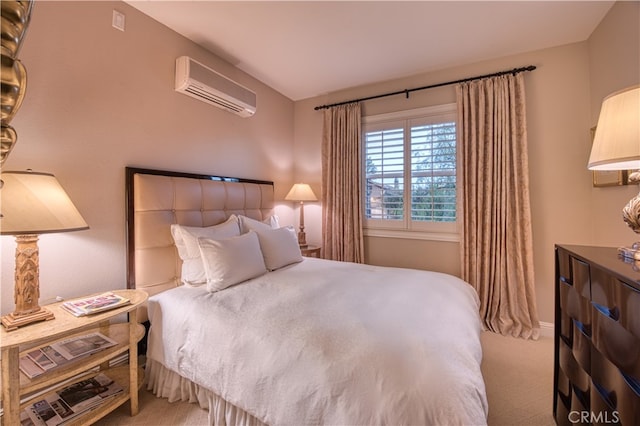 carpeted bedroom featuring a wall mounted air conditioner