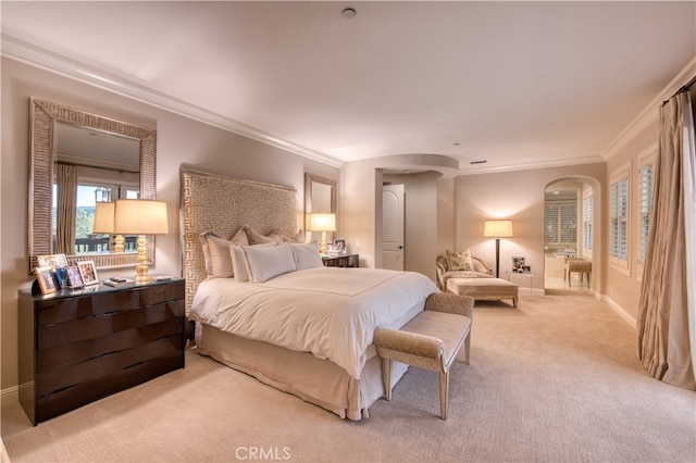 carpeted bedroom with ornamental molding