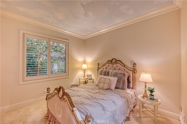 bedroom with light carpet and crown molding