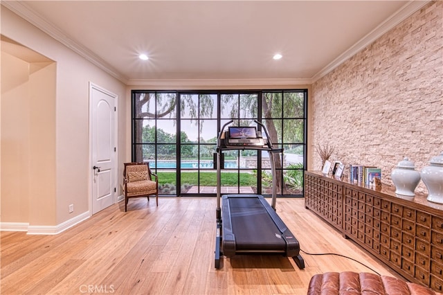 workout room featuring a wealth of natural light, light wood-type flooring, and crown molding