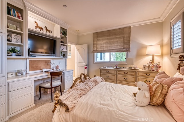 carpeted bedroom with built in desk, multiple windows, and crown molding