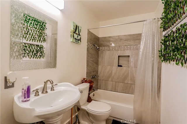 full bathroom with sink, toilet, and shower / tub combo with curtain