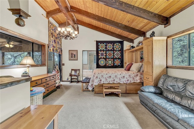 bedroom featuring light colored carpet, beamed ceiling, and wood ceiling