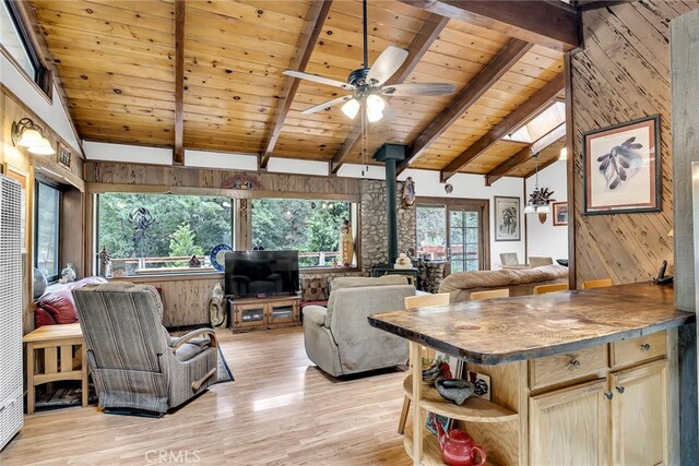 living room with beamed ceiling, a skylight, wood walls, a wood stove, and light hardwood / wood-style floors