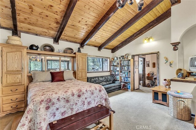 bedroom with light carpet, beamed ceiling, high vaulted ceiling, and wooden ceiling