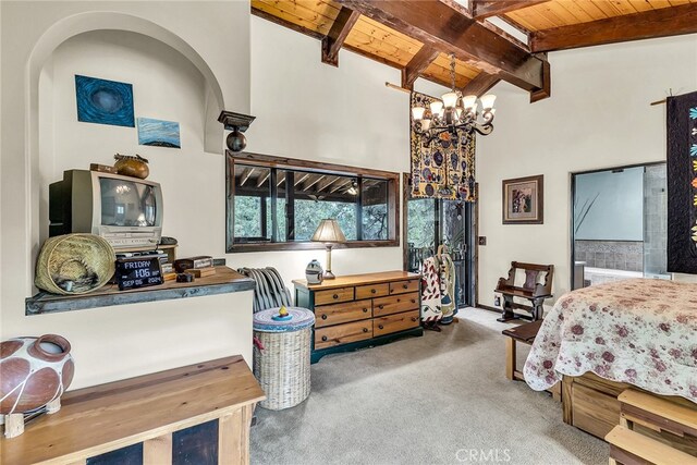 carpeted bedroom with wood ceiling, vaulted ceiling with beams, and an inviting chandelier