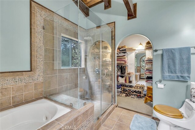 bathroom featuring separate shower and tub, tile patterned flooring, toilet, and beamed ceiling