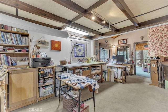 miscellaneous room featuring beam ceiling, light colored carpet, and rail lighting