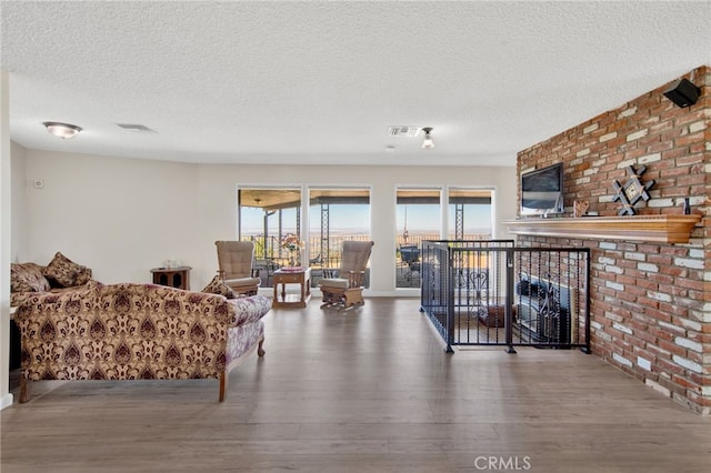 living room featuring wood-type flooring and a textured ceiling