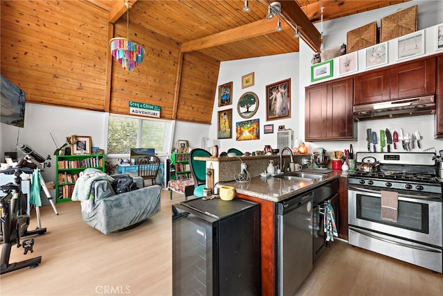 kitchen with sink, vaulted ceiling with beams, black dishwasher, gas stove, and wood ceiling