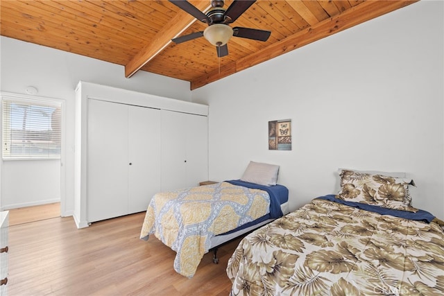 bedroom featuring ceiling fan, beam ceiling, light wood-type flooring, and wooden ceiling