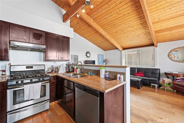 kitchen with appliances with stainless steel finishes, vaulted ceiling with beams, light hardwood / wood-style floors, and sink