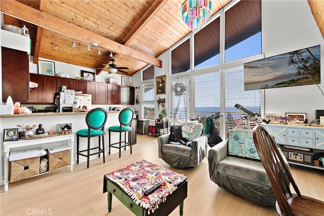 living room featuring light wood-type flooring, wood ceiling, ceiling fan, high vaulted ceiling, and beamed ceiling