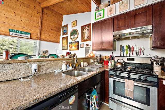 kitchen featuring light stone countertops, appliances with stainless steel finishes, wood ceiling, sink, and lofted ceiling with beams