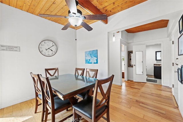 dining room with light wood-type flooring, vaulted ceiling, ceiling fan, and wood ceiling