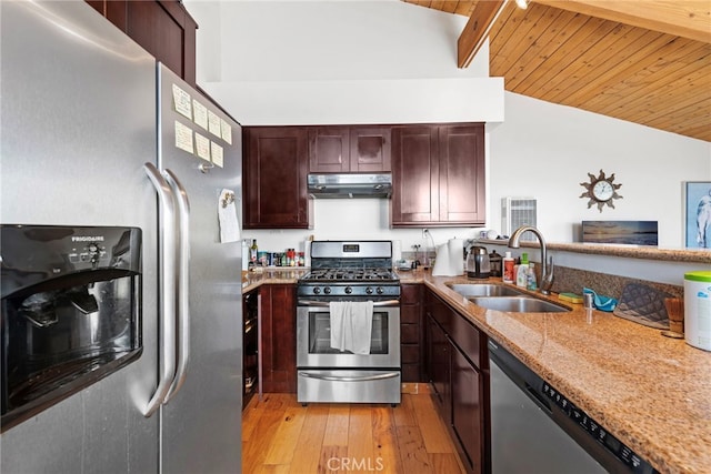 kitchen with light stone counters, stainless steel appliances, sink, lofted ceiling with beams, and light hardwood / wood-style floors