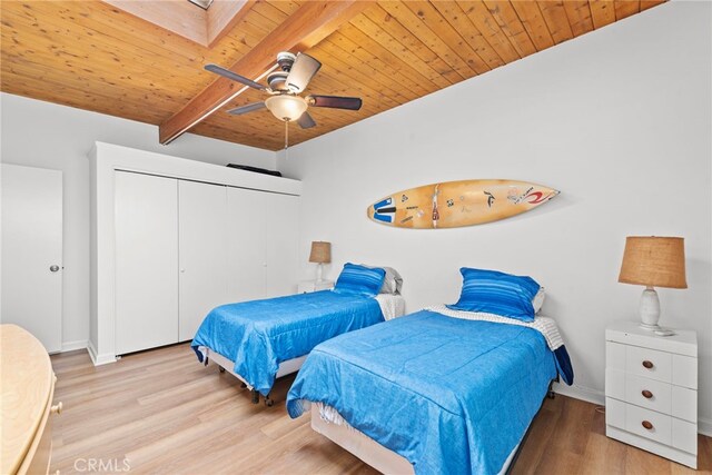 bedroom featuring light wood-type flooring, a skylight, wood ceiling, ceiling fan, and beamed ceiling