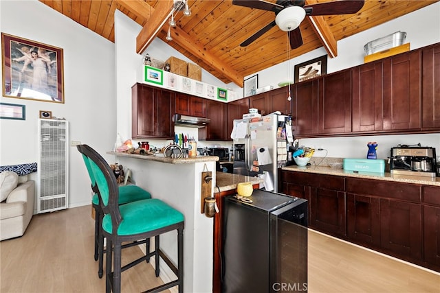 kitchen featuring stainless steel fridge with ice dispenser, lofted ceiling with beams, and wood ceiling