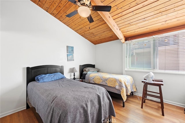 bedroom with ceiling fan, light hardwood / wood-style flooring, lofted ceiling with beams, and wooden ceiling