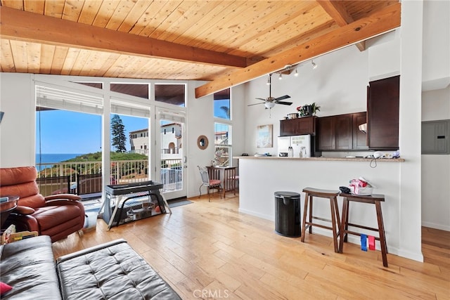 living room with electric panel, ceiling fan, wooden ceiling, vaulted ceiling with beams, and light hardwood / wood-style floors