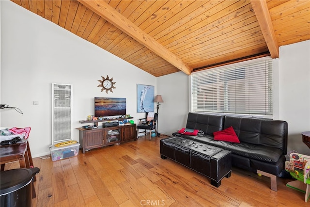 living room featuring vaulted ceiling with beams, light wood-type flooring, and wooden ceiling