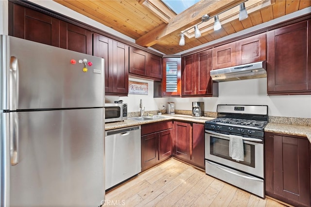 kitchen featuring wooden ceiling, light hardwood / wood-style flooring, beamed ceiling, exhaust hood, and appliances with stainless steel finishes