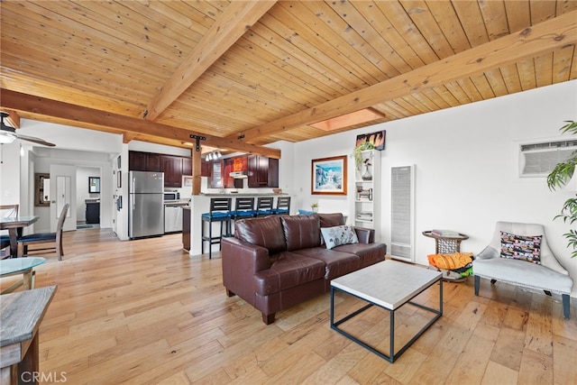 living room featuring wooden ceiling, beamed ceiling, light hardwood / wood-style floors, and a wall mounted air conditioner