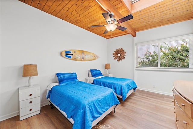 bedroom with a skylight, ceiling fan, wooden ceiling, and light wood-type flooring