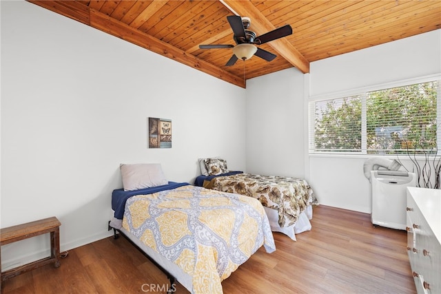 bedroom featuring beam ceiling, ceiling fan, wood ceiling, and hardwood / wood-style flooring