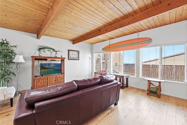 living room with wood ceiling, a healthy amount of sunlight, and light wood-type flooring