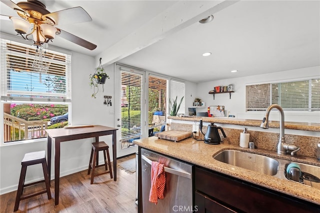 kitchen featuring dishwasher, light hardwood / wood-style floors, sink, and a wealth of natural light