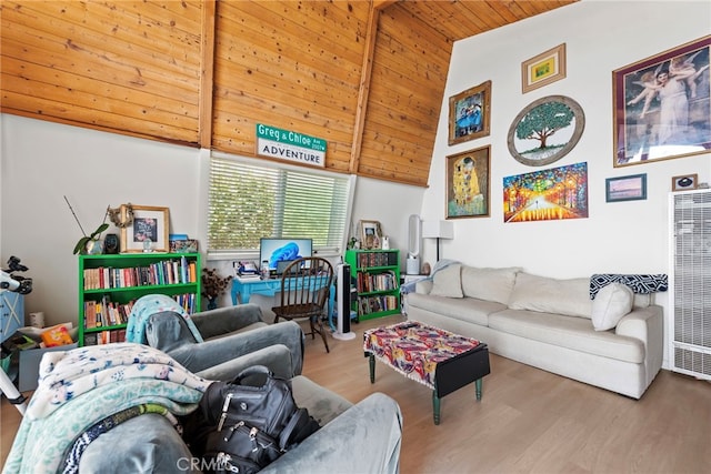 living room featuring beamed ceiling, hardwood / wood-style flooring, high vaulted ceiling, and wooden ceiling