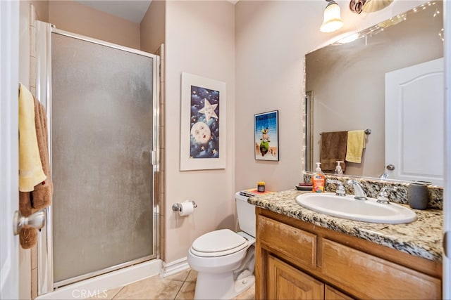 bathroom featuring tile patterned flooring, vanity, toilet, and a shower with door