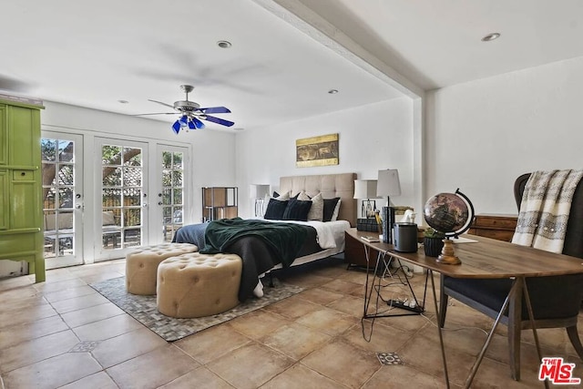 bedroom with french doors, access to outside, light tile patterned floors, and ceiling fan