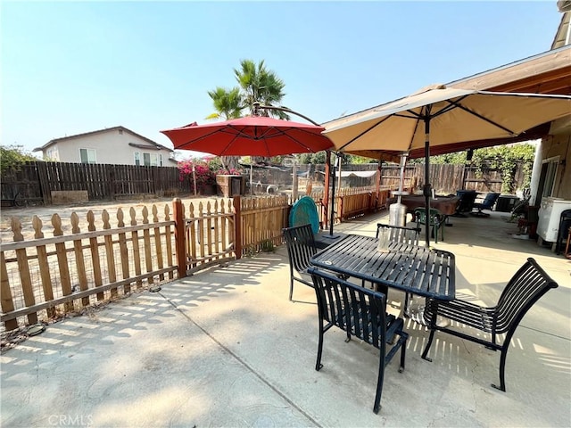 view of patio / terrace featuring a fenced backyard and outdoor dining space