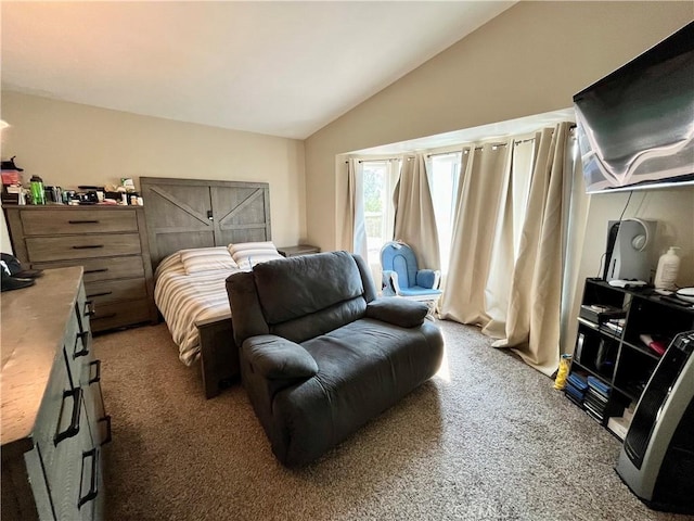 bedroom with carpet floors and vaulted ceiling