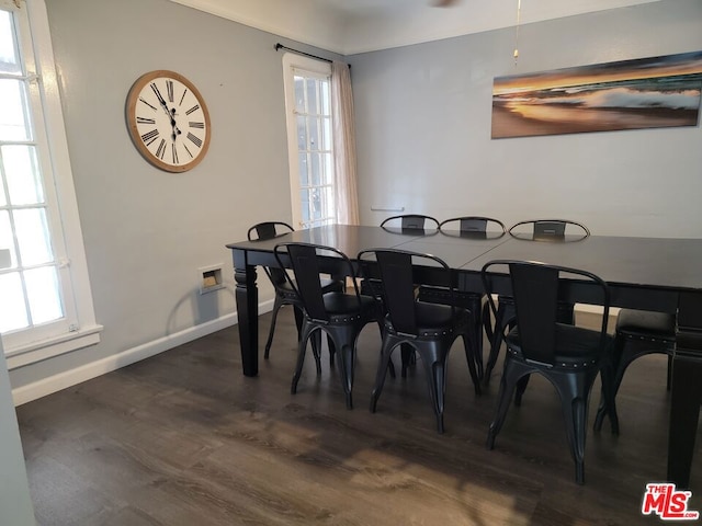 dining space featuring dark wood-type flooring and a healthy amount of sunlight