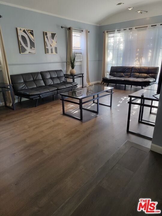 living room with dark wood-type flooring and vaulted ceiling