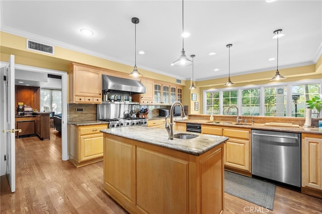 kitchen with exhaust hood, a center island with sink, appliances with stainless steel finishes, and sink